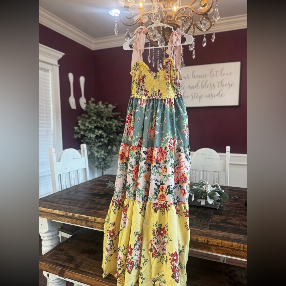 Floral Tiered Maxi Dress with Smocked Bodice - Yellow & Teal